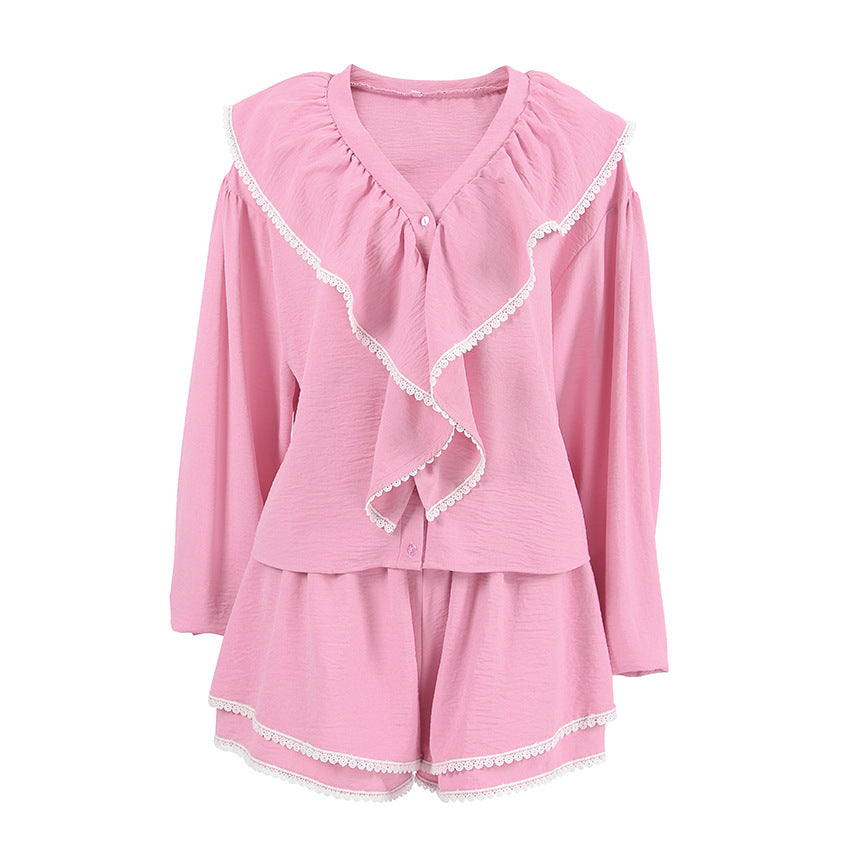 Pink ruffled pajama set featuring a French loose shirt and shirt shorts two piece design