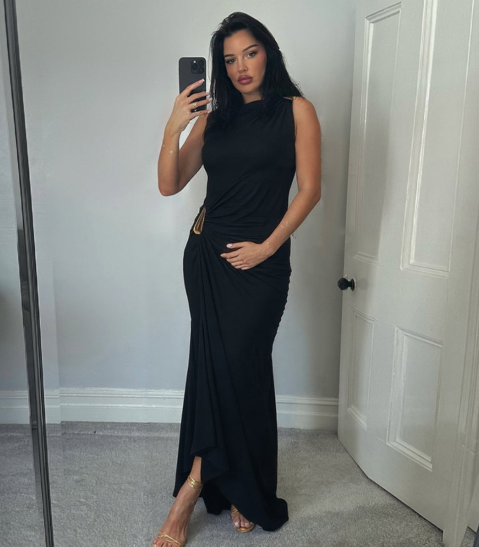 Elegant langry black sleeveless maxi dress with high slit and gold belt