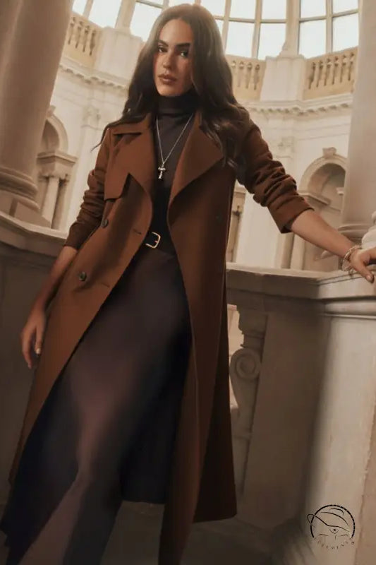 Elegant langry winter wool trench coat with lace-up design and classic lapels