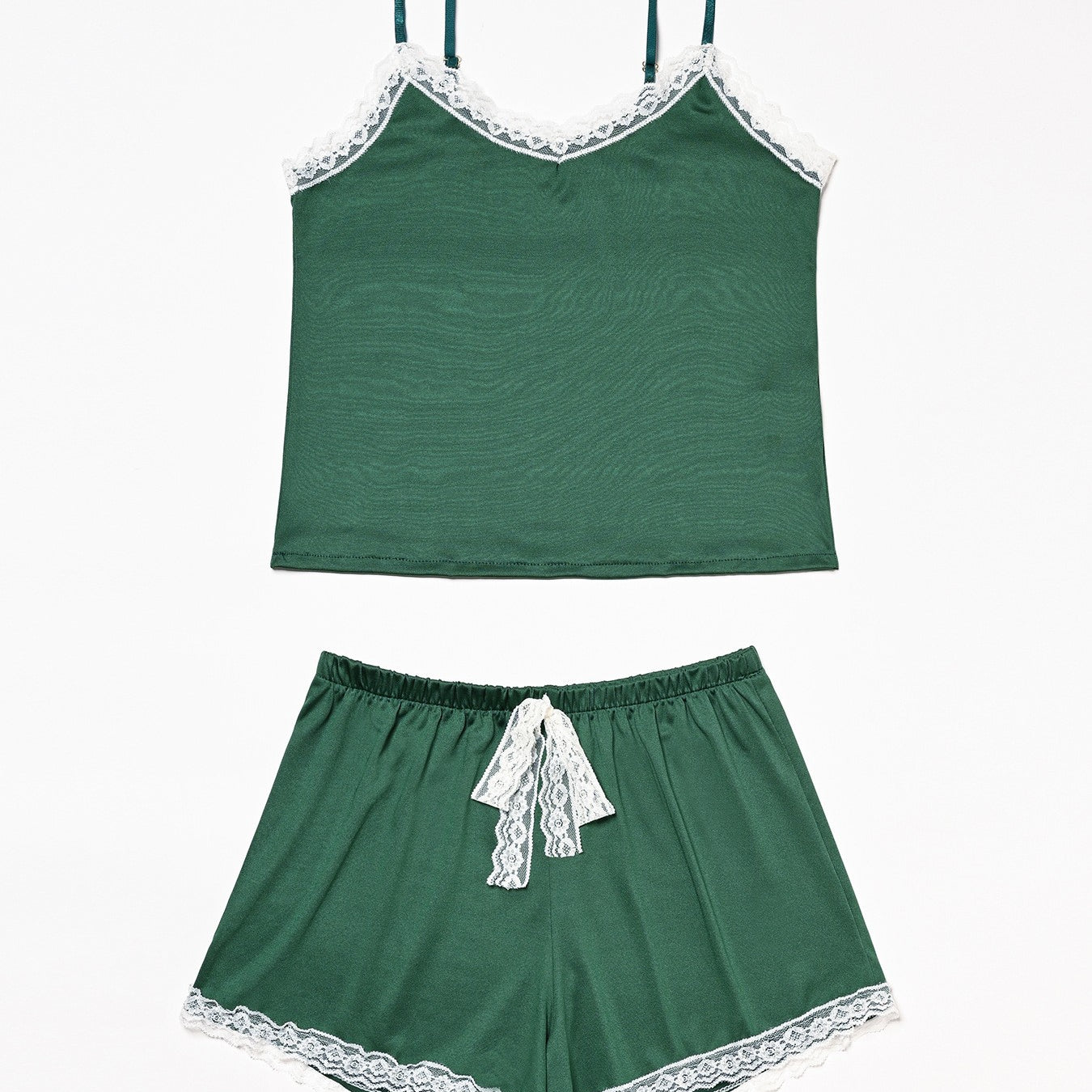 Green satin pajama set with lace trim from Comfy Suspenders, ideal for fashionable langry ملابس