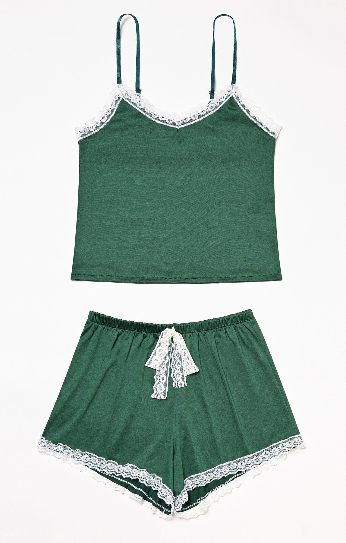 Green satin pajama set with lace trim from Comfy Suspenders, ideal for fashionable langry ملابس