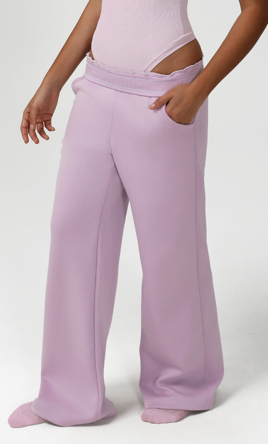 Langry lavender loose casual sports sweatpants with fold-over waistband, pockets, and stretchy fabric for fashion ملابس