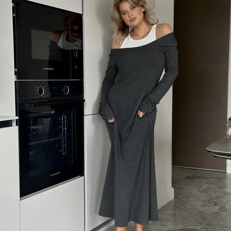 Long grey off-shoulder dress layered with white tank top, ideal for trendy ملابس fashion