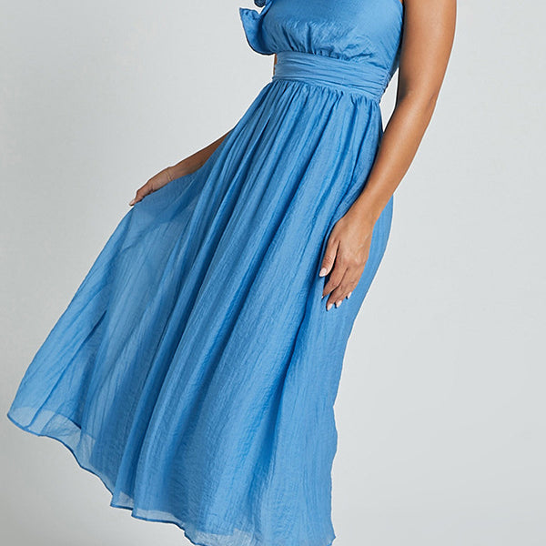 Light blue one-shoulder midi dress with ruffle detail and gathered waist for stylish fashion