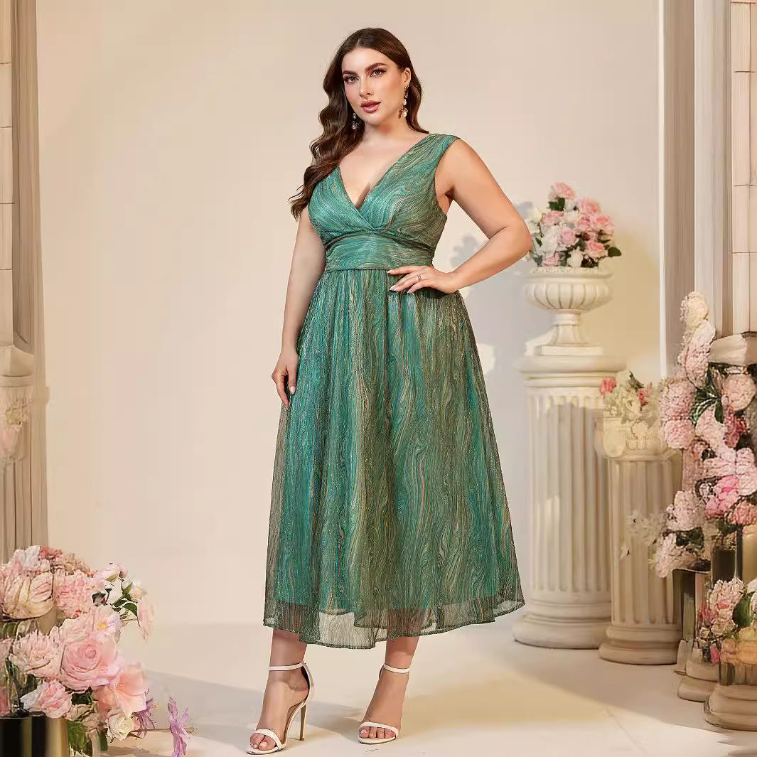 Beautiful suspender maxi dress for plus-size women featuring sleeveless V-neck and glittery green fabric
