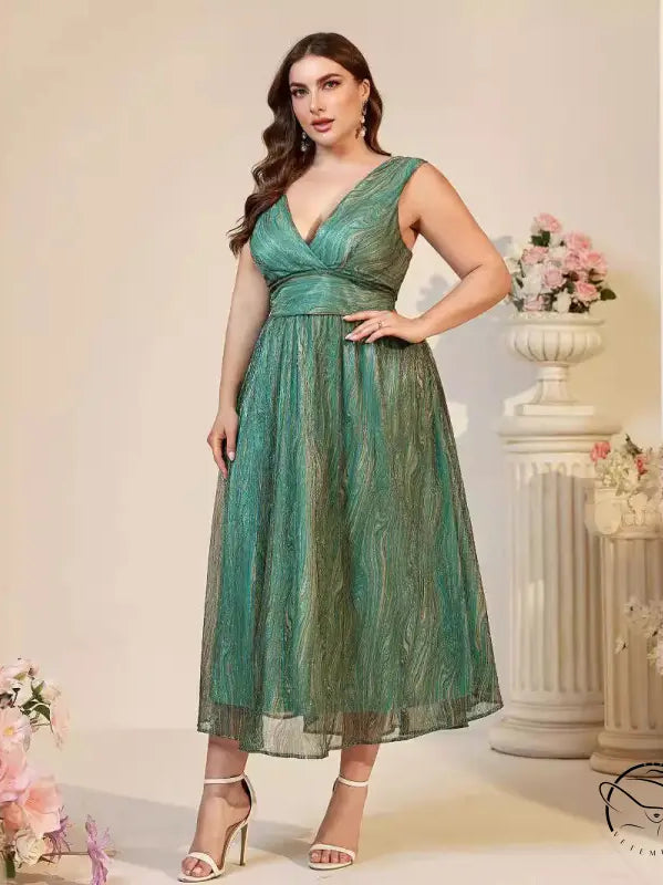 Beautiful suspender maxi dress: plus-size glittery green V-neck midi