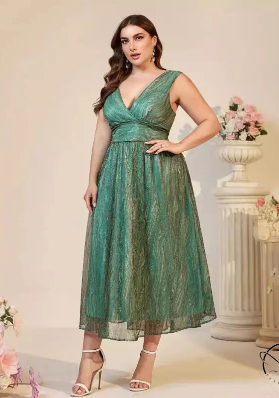 Beautiful suspender maxi dress: plus-size glittery green V-neck midi