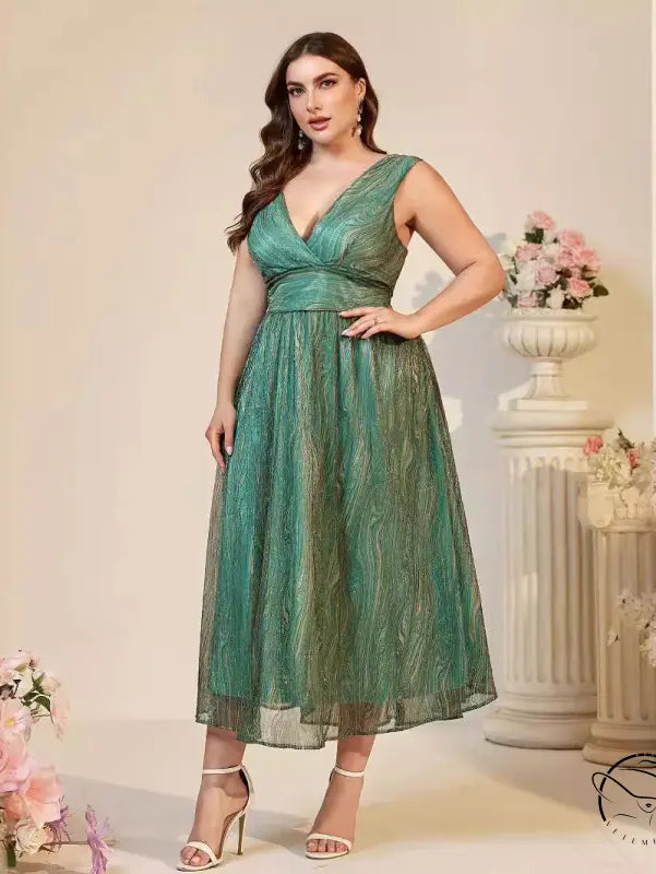 Beautiful suspender maxi dress: plus-size glittery green V-neck midi