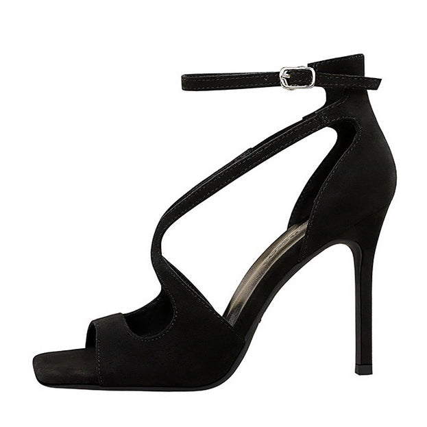 Langry fashion black suede high heel sandal with leopard print ankle strap