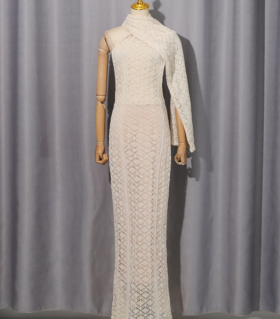 Elegant langry fashion cream lace long-sleeved dress with bell sleeves