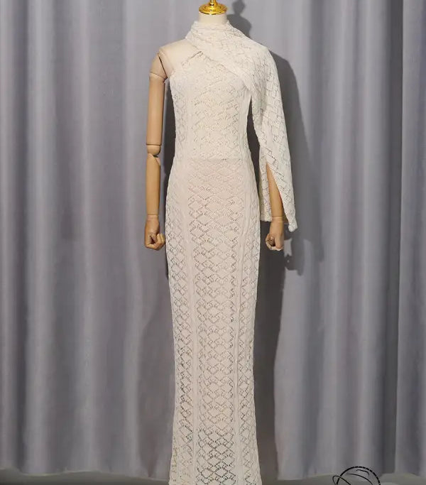 Elegant cream lace langry fashion dress with high neckline and bell sleeves