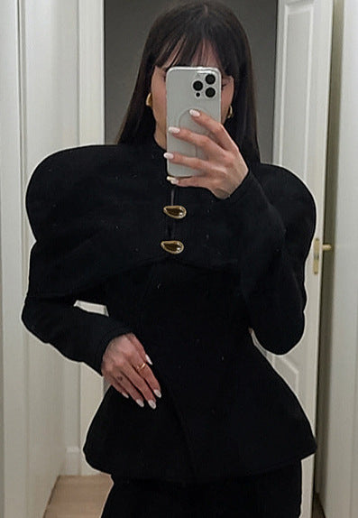 Langry fashion black peplum top with gold buttons and puffed sleeves