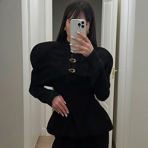 Langry fashion black peplum top with gold buttons and puffed sleeves