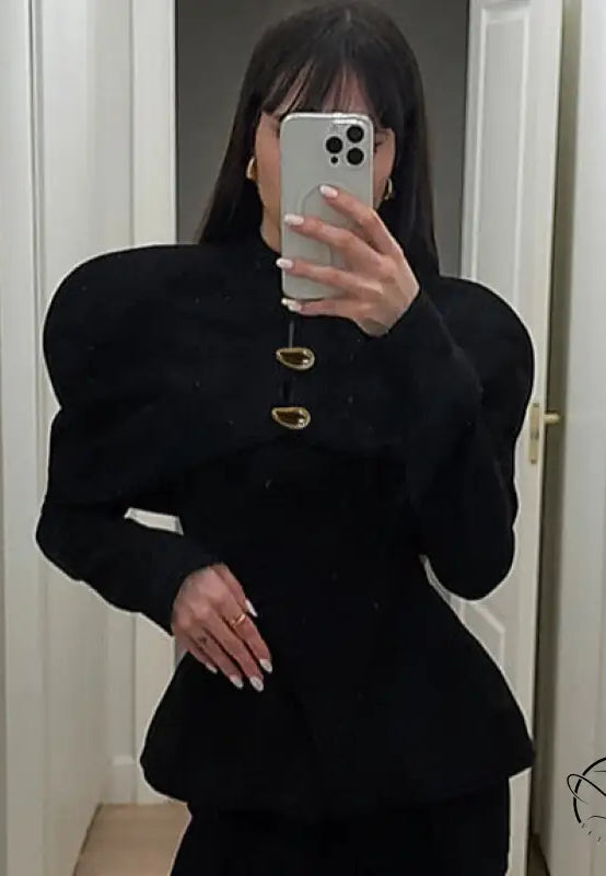 Langry fashion retro black slim peplum top with gold buttons and puffed sleeves