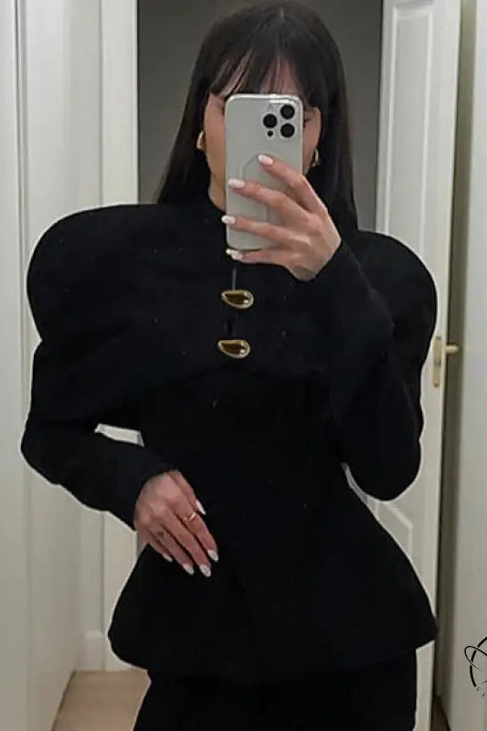 Langry fashion retro black slim peplum top with gold buttons and puffed sleeves