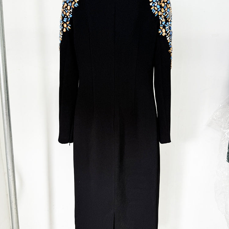 Autumn Winter Star Heavy Industry Beads Diamond Embedded Long Sleeve Mid Length Dress