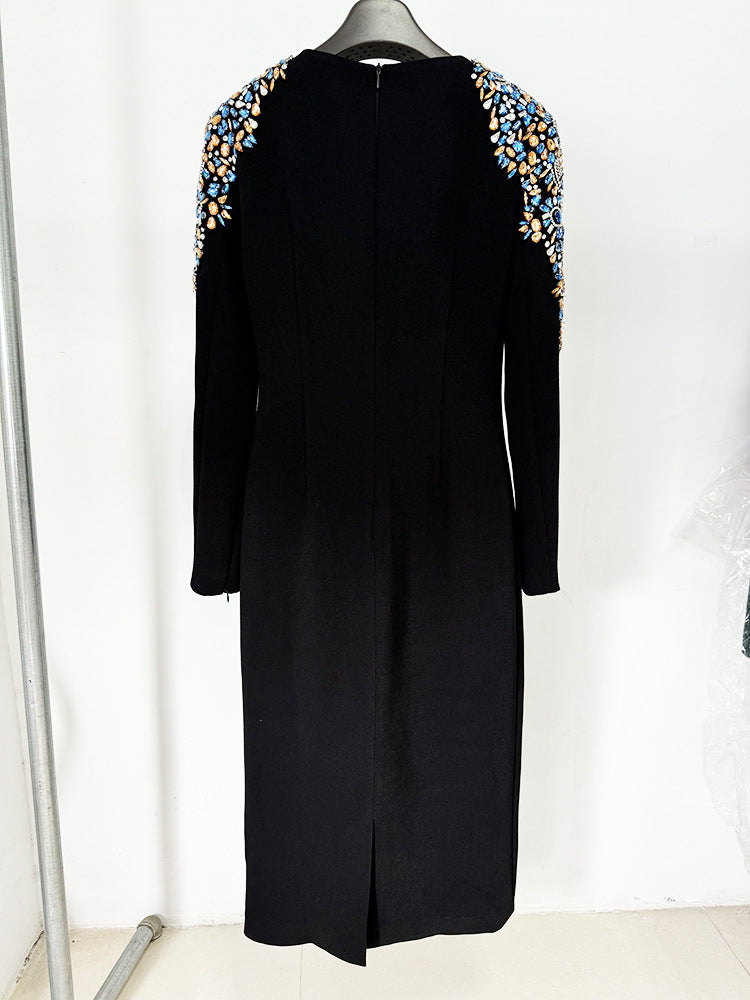 Autumn Winter Star Heavy Industry Beads Diamond Embedded Long Sleeve Mid Length Dress