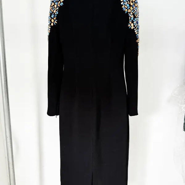 Autumn Winter Star Heavy Industry Beads Diamond Embedded Long Sleeve Mid Length Dress