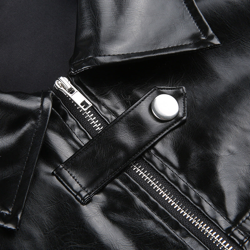 Black faux leather jacket detail from Letter Graphic Embroidered Short Leather Jacket