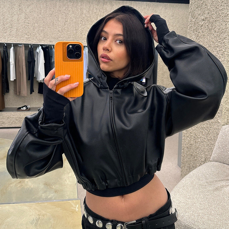 Black leather hooded crop jacket from the Loose Zipper Leather Jacket collection in faux leather