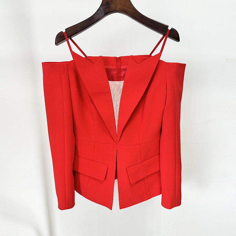 Elegant off Shoulder Blazer in red with thin straps and front pockets for fashionable ملابس