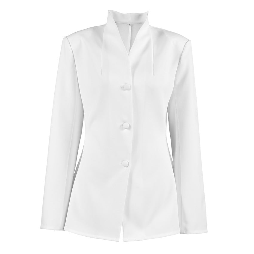 Langry fashion white satin blazer with high collar and buttons