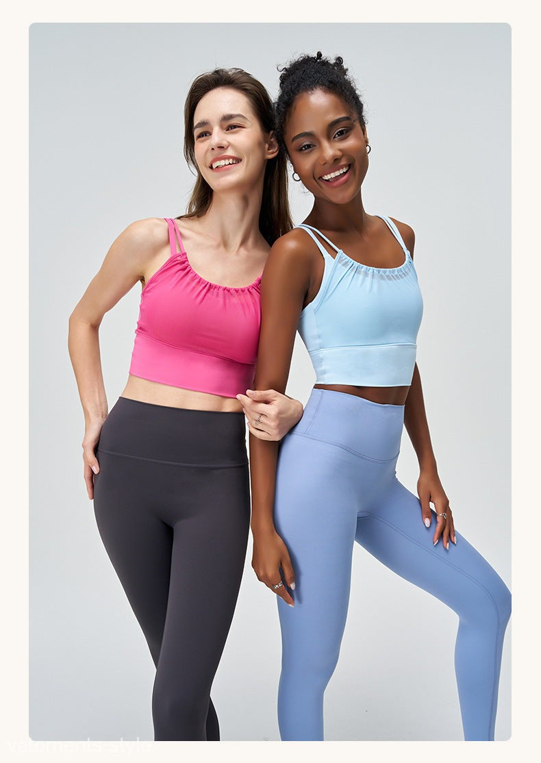 Two women in athletic wear featuring CUTE PLEATED MESH YOGA VEST in Glacier Blue