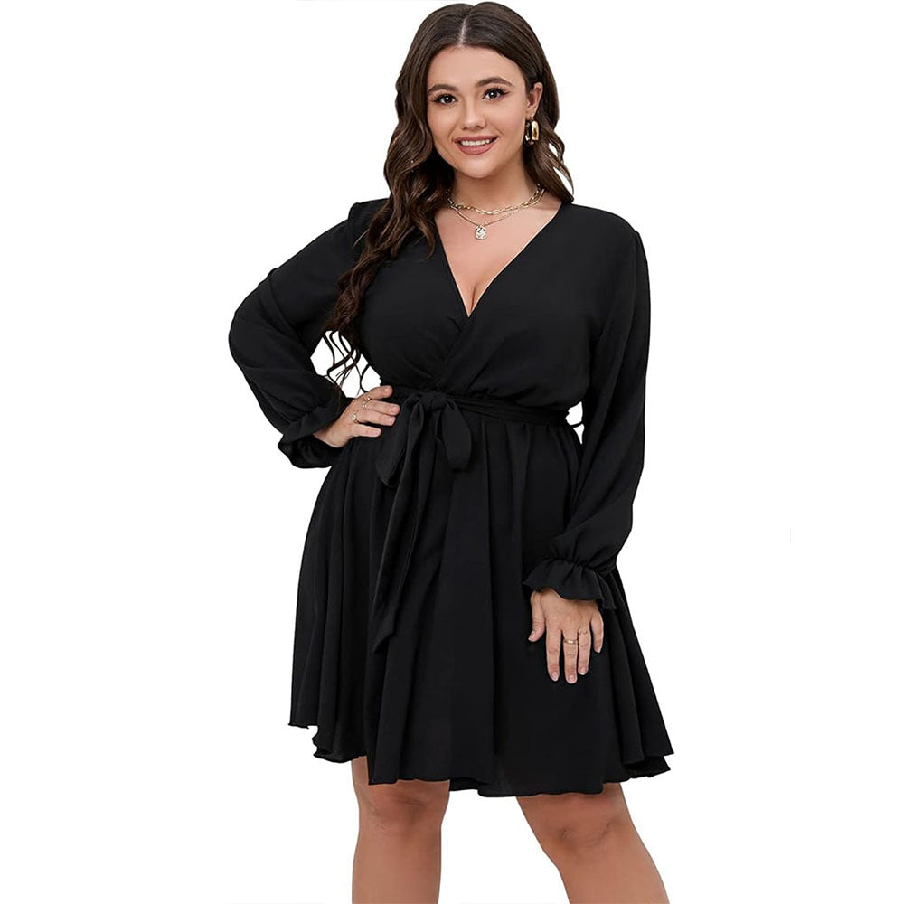Black wrap-style winter office midi dress with tie waist and ruffled cuffs