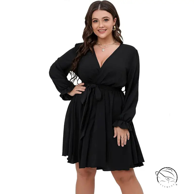 Black winter office midi dress with wrap style, tie waist, ruffled cuffs