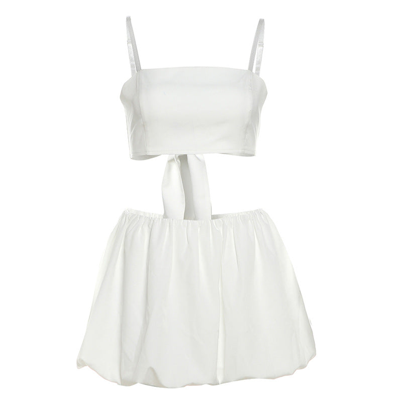 White two-piece Summer Women Wear outfit featuring a camisole and puffy skirt set for fashion
