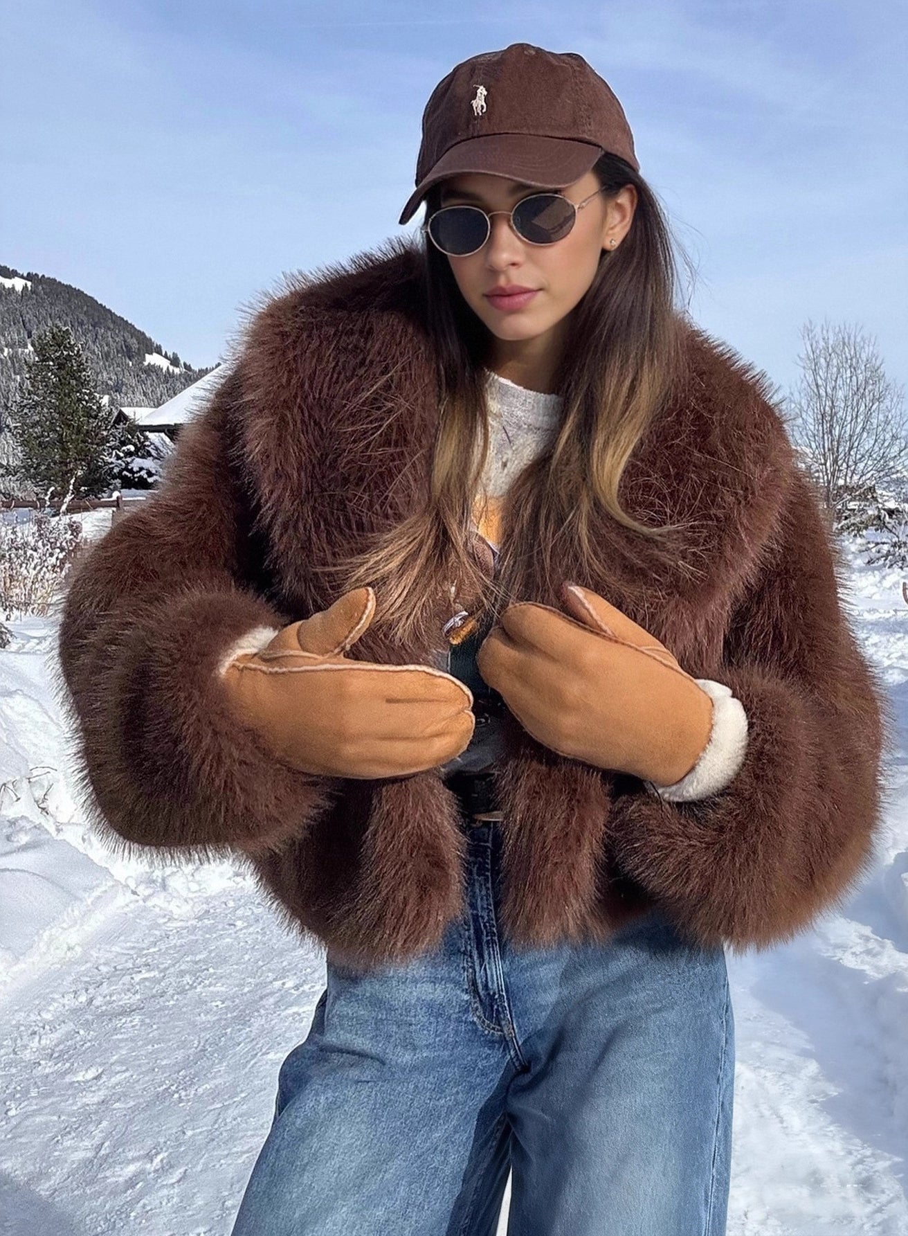 Ralph Lauren faux fur effect plush coat with white lining and leather gloves