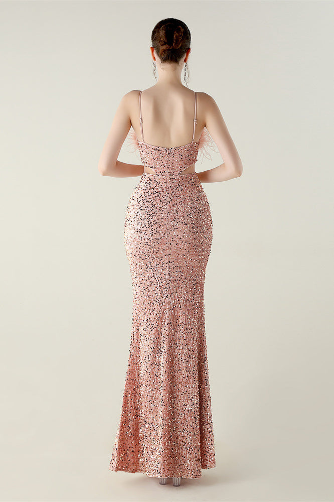 Langry rose gold sequined evening gown with ostrich feathers and open back