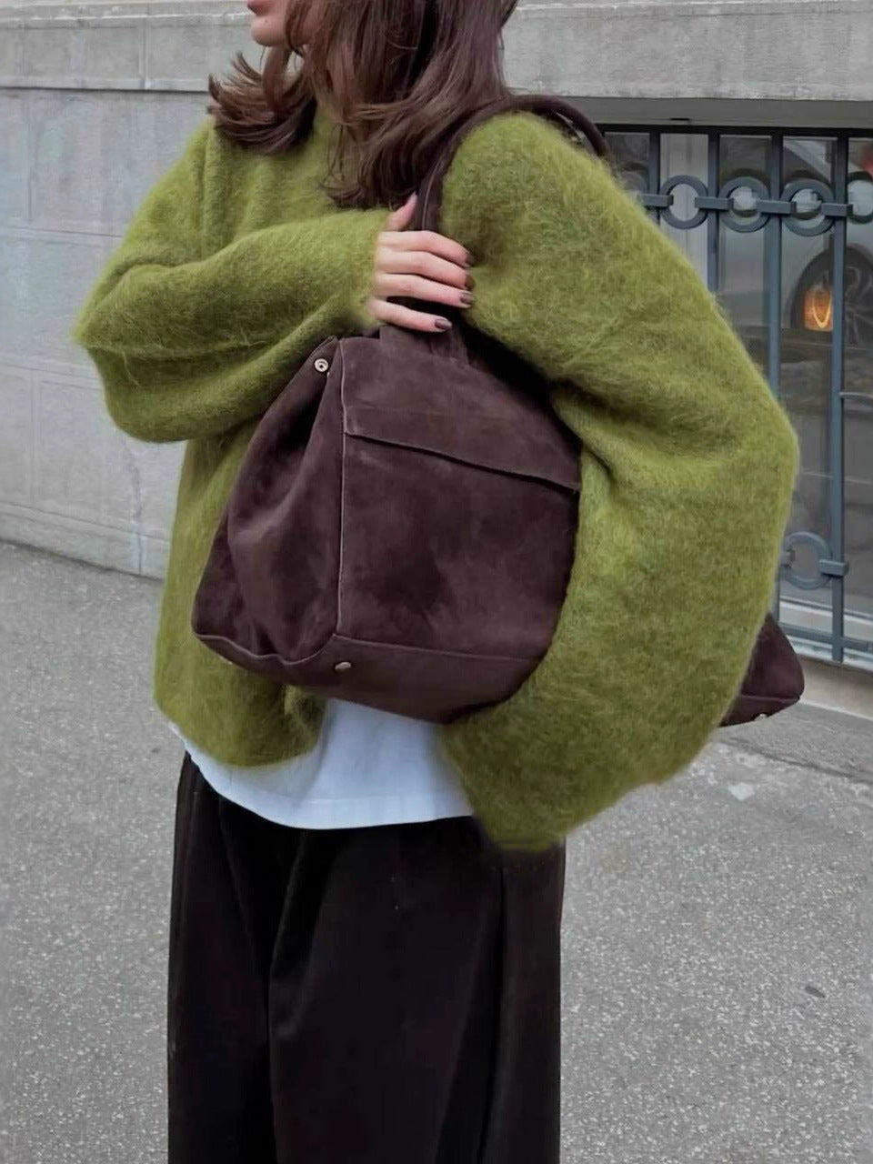 Olive green fuzzy wool alpaca sweater with brown leather shoulder bag