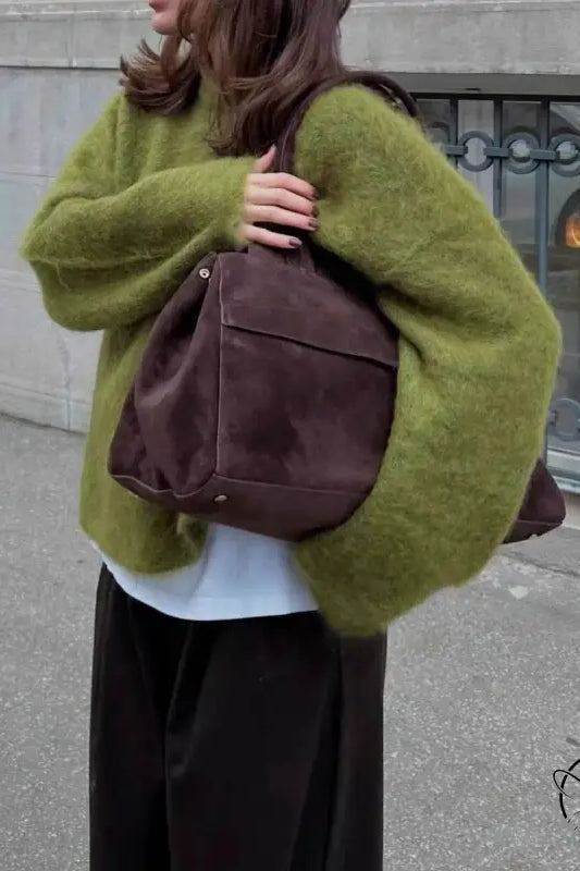 Olive green fuzzy wool alpaca sweater with brown leather bag
