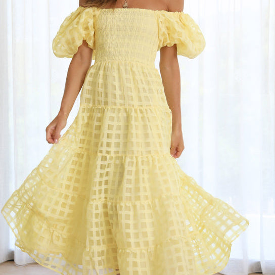 Yellow off-the-shoulder tiered dress from Enchanting Lantern Sleeve Dress collection in fashion ملابس