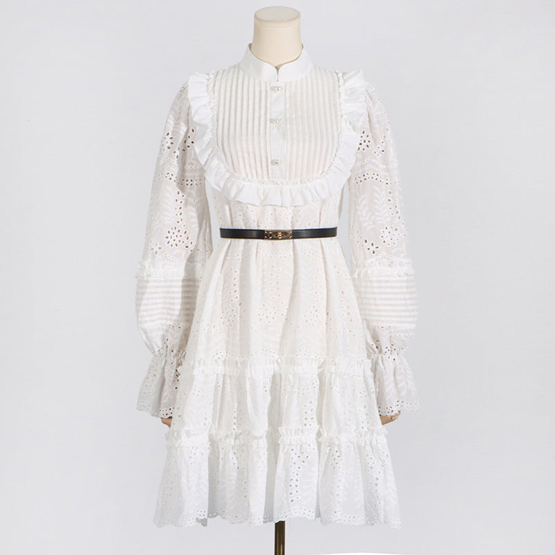 French Vintage Summer Stand Collar Embroidery Dress