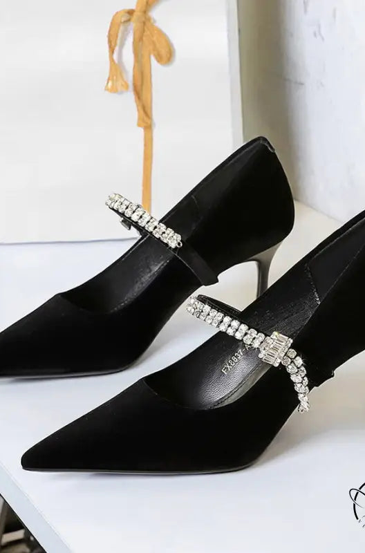Elegant langry black velvet high-heeled fashion shoes with silver rhinestone accents