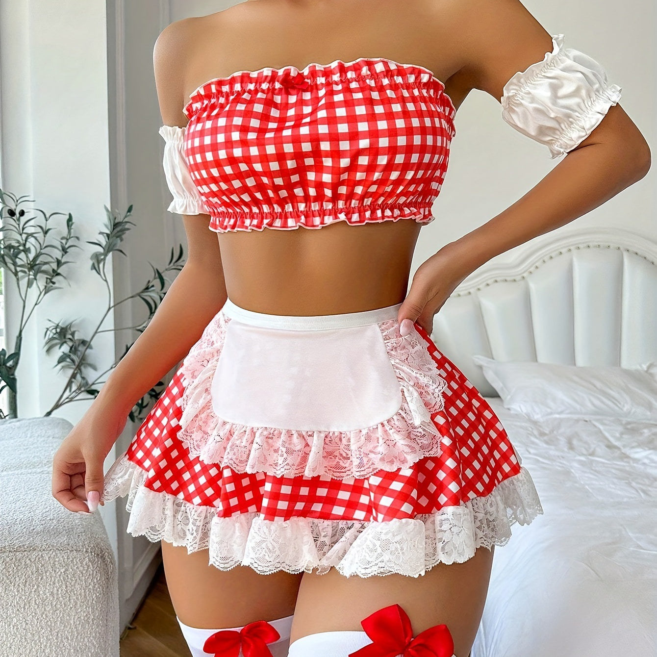 Red and white gingham maid costume from Lingerie Suit Passion Uniform Maid Outfit fashion