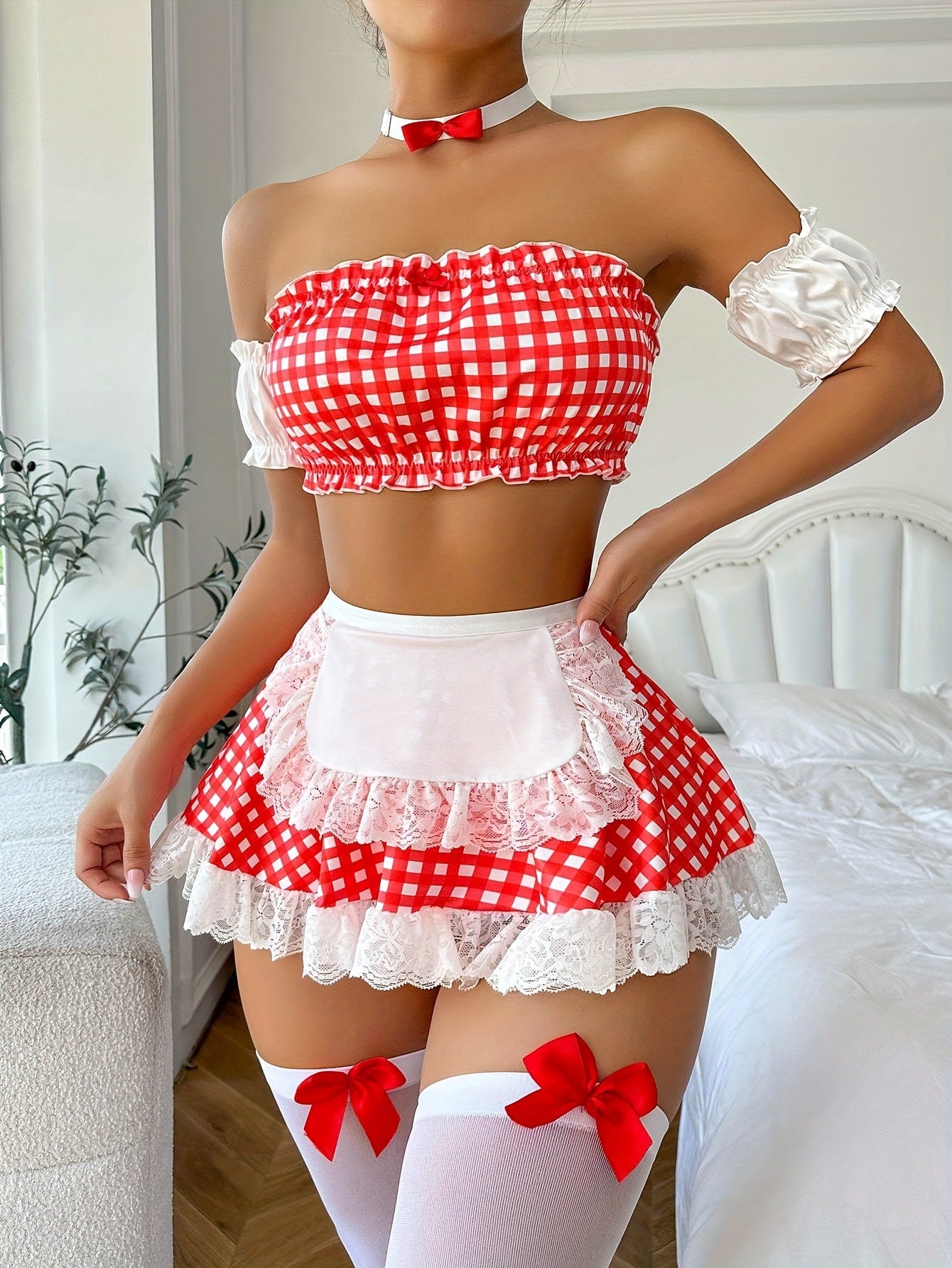 Red and white gingham maid costume from Lingerie Suit Passion Uniform Maid Outfit fashion
