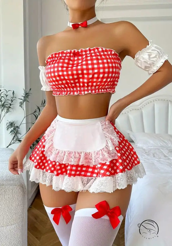 Red and white gingham lingerie suit passion uniform maid outfit