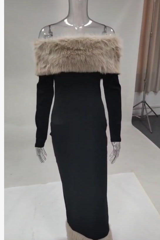 Enchanting langry fur-trimmed slim fit evening dress in black fashion ملابس