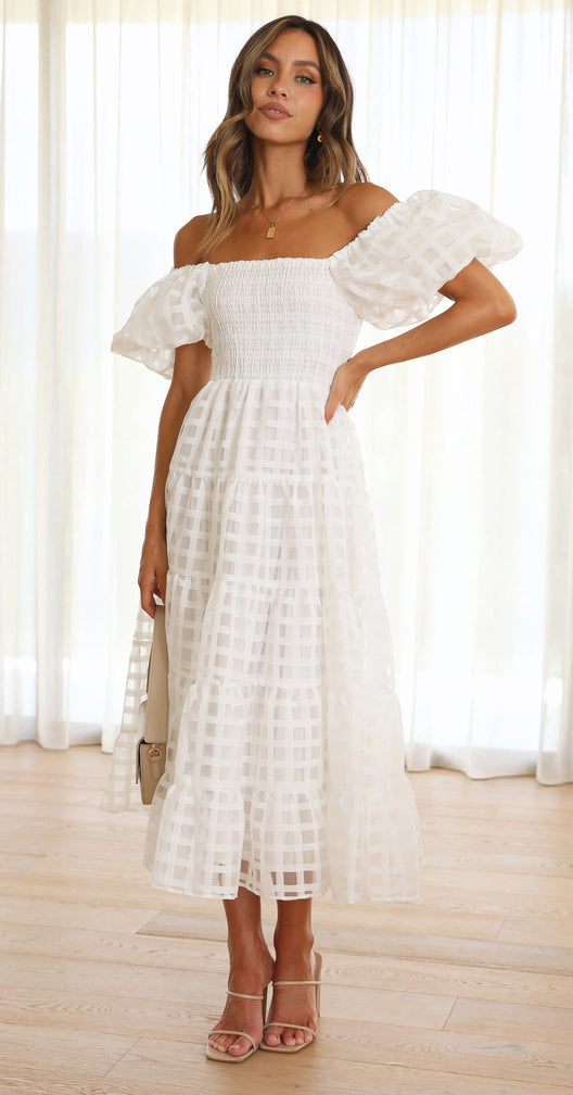 White off-the-shoulder midi dress in Enchanting Lantern Sleeve Dress, trendy langry fashion ملابس