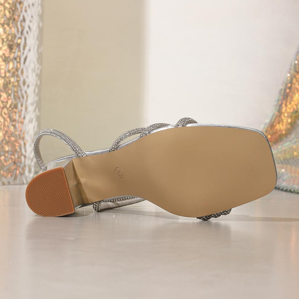 Langry fashion silver beaded cross back strap stiletto heel sandals