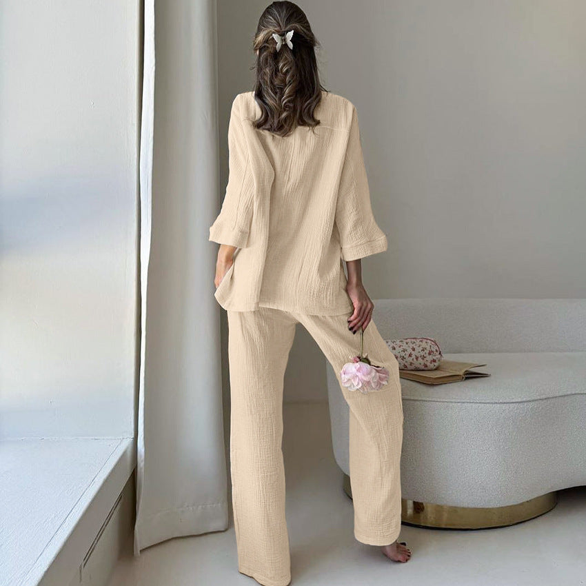 Winter pure cotton pajamas set in light beige with long sleeves and wide-leg design
