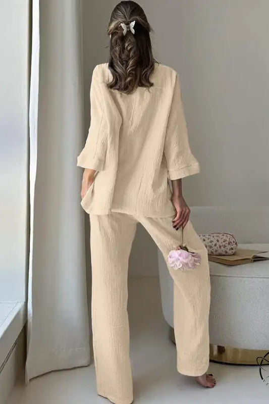 Winter pure cotton two-piece pajama set in beige textured fabric