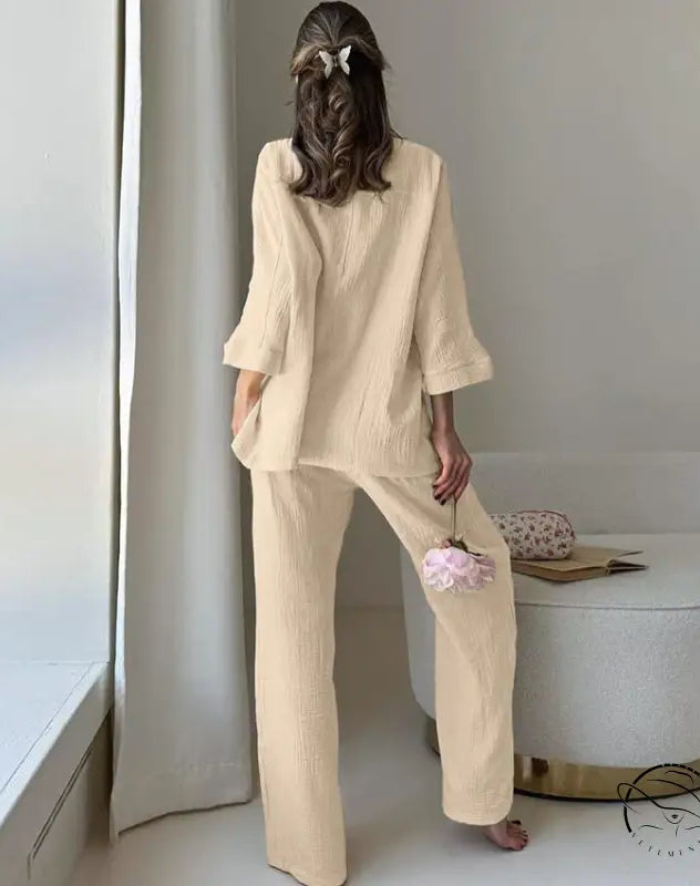 Winter pure cotton two-piece pajama set in beige textured fabric