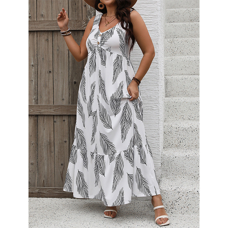 White leaf-patterned maxi dress from Vacation Loose Casual Dress collection, perfect for langry fashion and ملابس