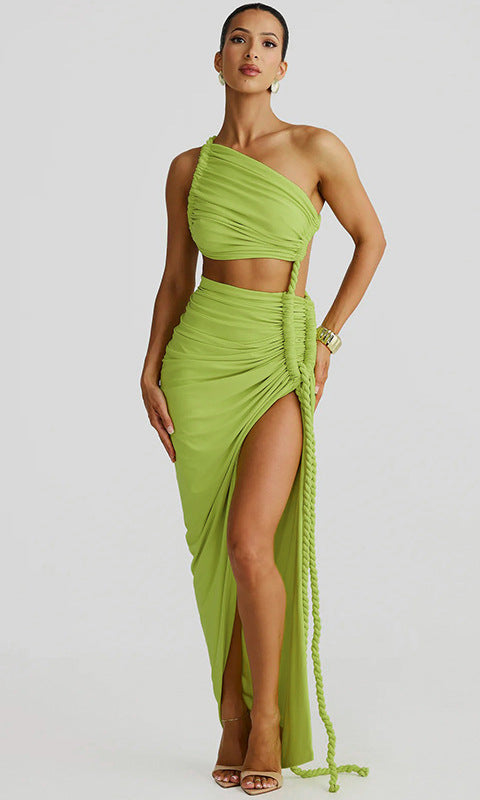 Green one-shoulder crop top and skirt set, perfect for Langry fashion ملابس enthusiasts