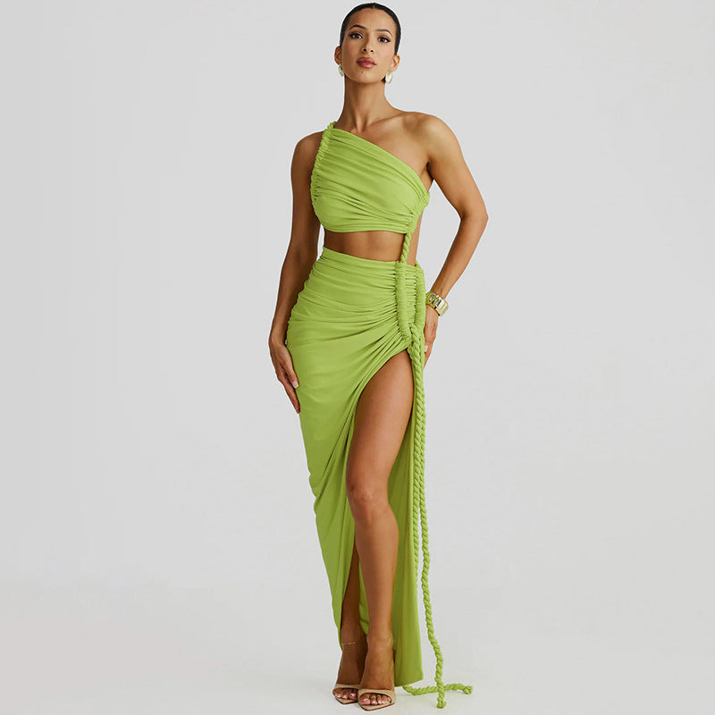 Green one-shoulder crop top and skirt set, perfect for Langry fashion ملابس enthusiasts