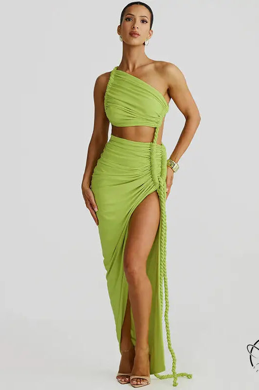 Stunning cutout lace pleated dress in green one-shoulder crop top skirt set